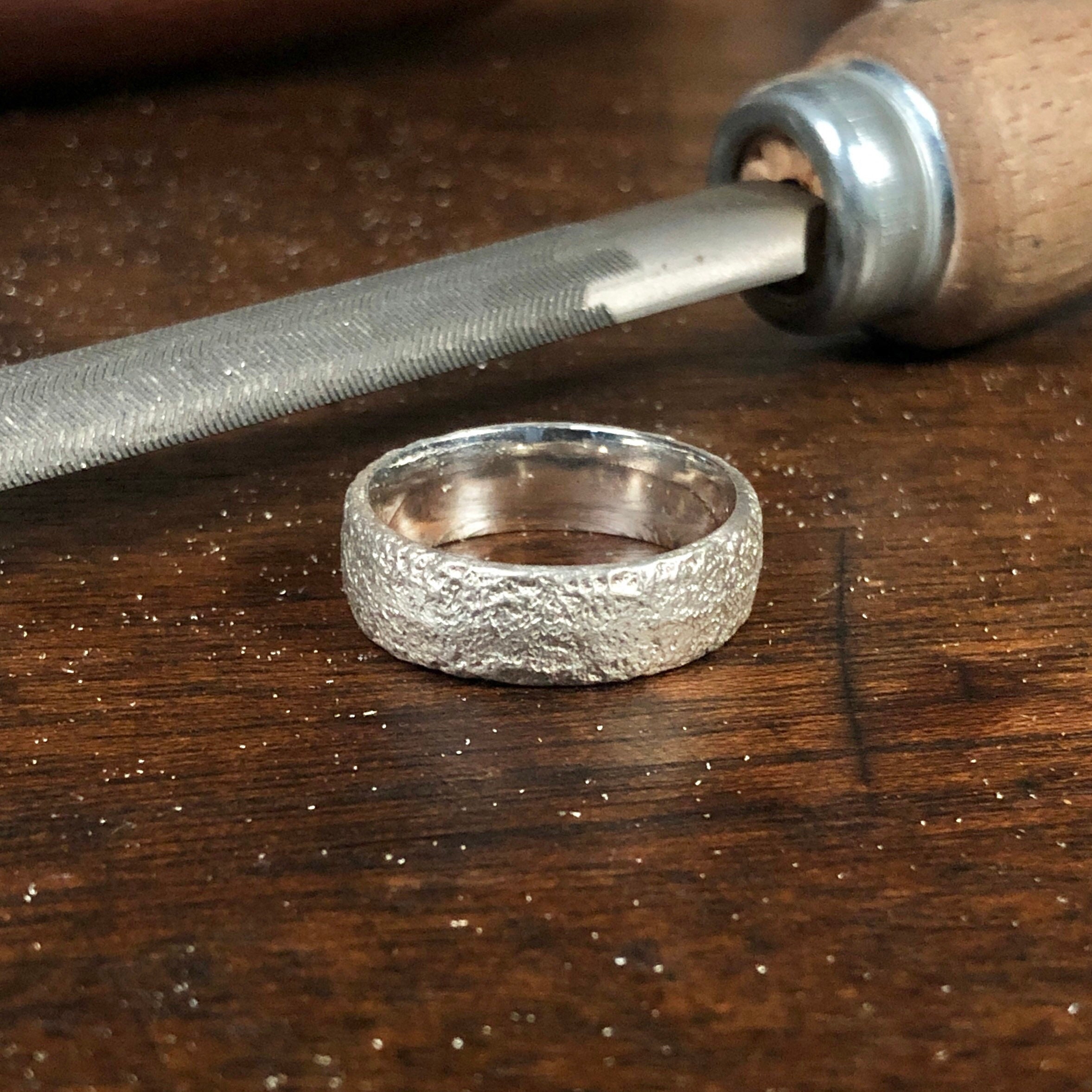 Silver Wedding Ring, Sand Cast Organic Band, Earth Mountain Ring