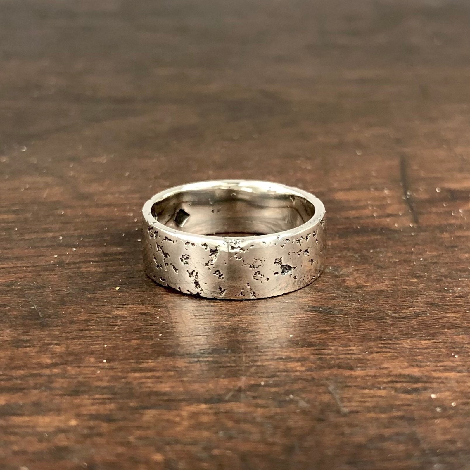 Flat Band, Rustic Wedding Textured Sterling Silver Ring, Organic Men’s Matt Finish