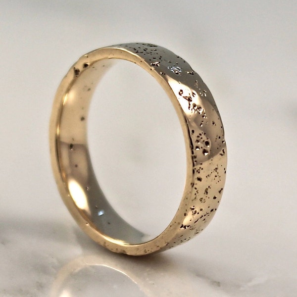 Mens 9ct Yellow Gold Wedding Ring, Textured Sand Cast Band, Natural Simple Ring by WoodenGold