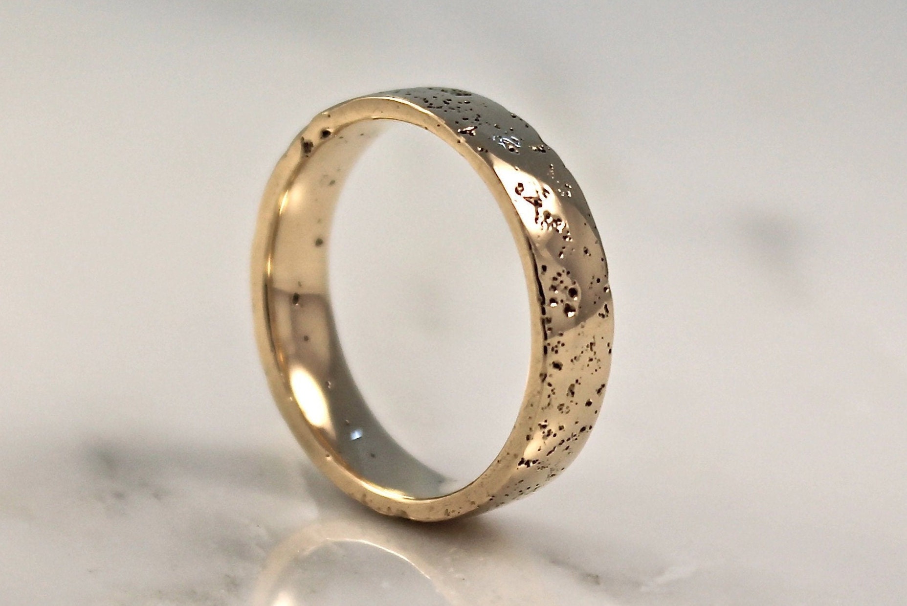 Mens 9Ct Yellow Gold Wedding Ring, Textured Sand Cast Band, Natural Simple Ring By Woodengold