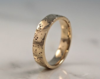 18ct Yellow Mens Gold Wedding Ring, Textured Sand Cast Band, Natural Simple Ring by WoodenGold