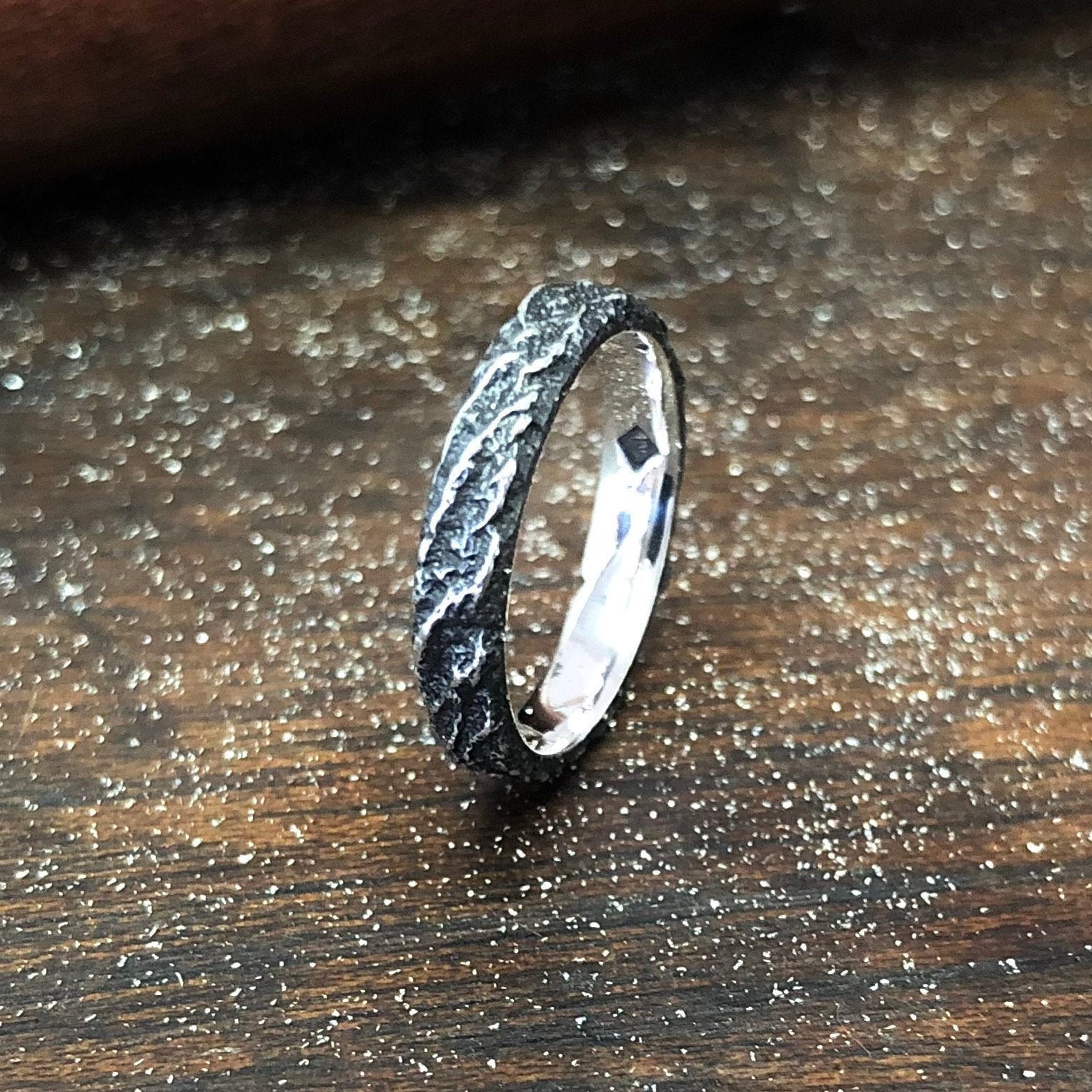 Thin Black Silver Ring, Textured Viking Band