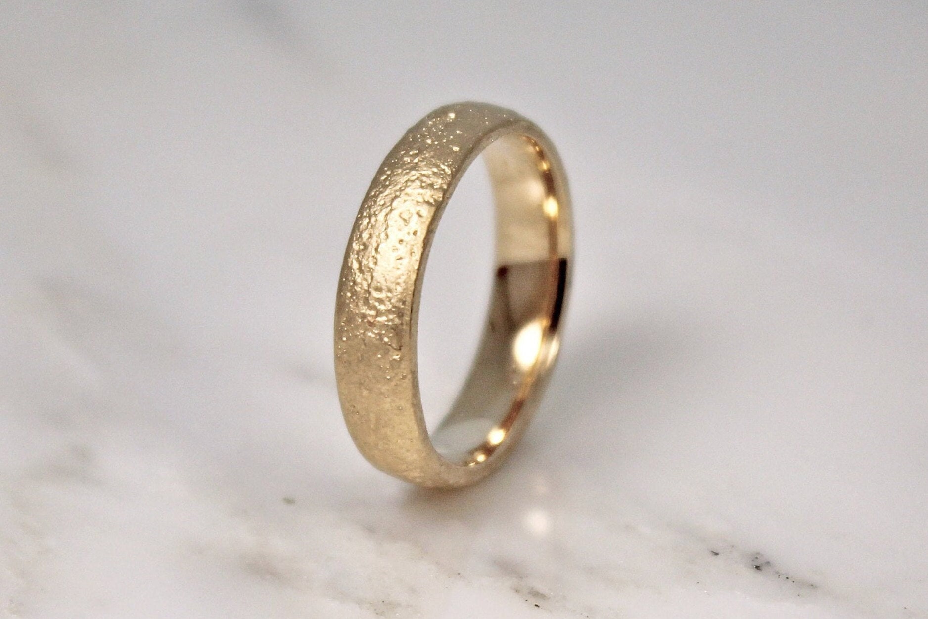 18Ct Yellow Gold Sandcast Wedding Ring, 5mm Textured Band, Rustic Organic Natural Design. Woodengold