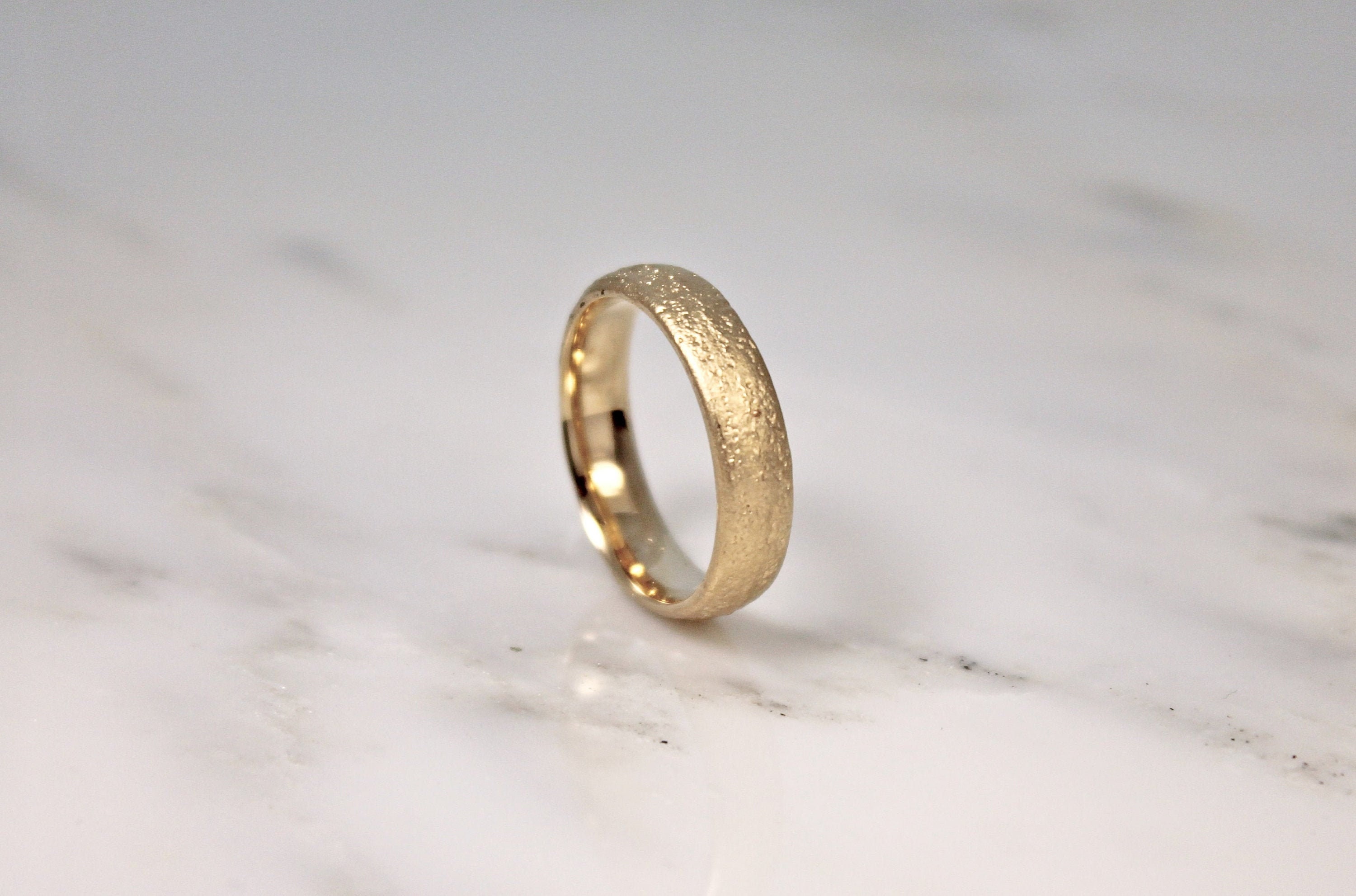 9Ct Yellow Gold Sandcast Wedding Ring, 5mm Textured Band, Rustic Organic Natural Design. Woodengold
