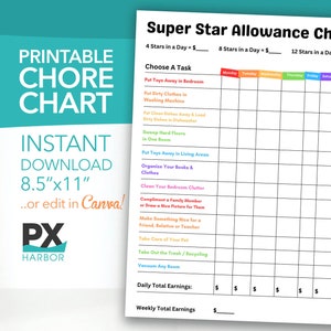 NEW! Editable Super Star Allowance Chore Chart JPG and PDF Digitial Printable Download, Hand Write in Custom Allowance Amounts Stars by Hand