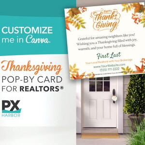 Onroerend goed Thanksgiving pop-by-kaart, Thanksgiving, onroerend goed sjabloon, Canva bewerken, makelaar marketing, bericht, tekstbaar, PopBy makelaar