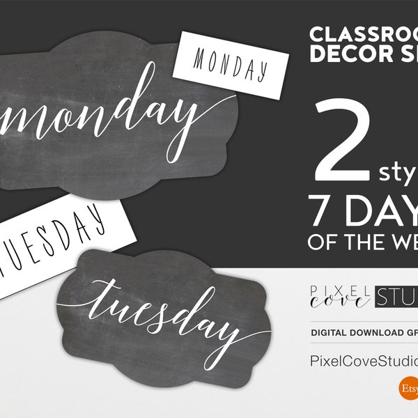 the report of the week merch Days of the Week Labels Set of 14 JPG, PNG, Graphics for Stickers, Wall Decor, Folders, Decals, Sterilite, Modern Script Classroom Decor