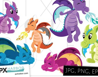 Dragon Vector Clip Art Set of 6 - Blue, Pink, Purple, Plum, Green, Orange, Cartoon Dragons Flying, Sleeping, Cutout, SVG, Party Decor, Kids