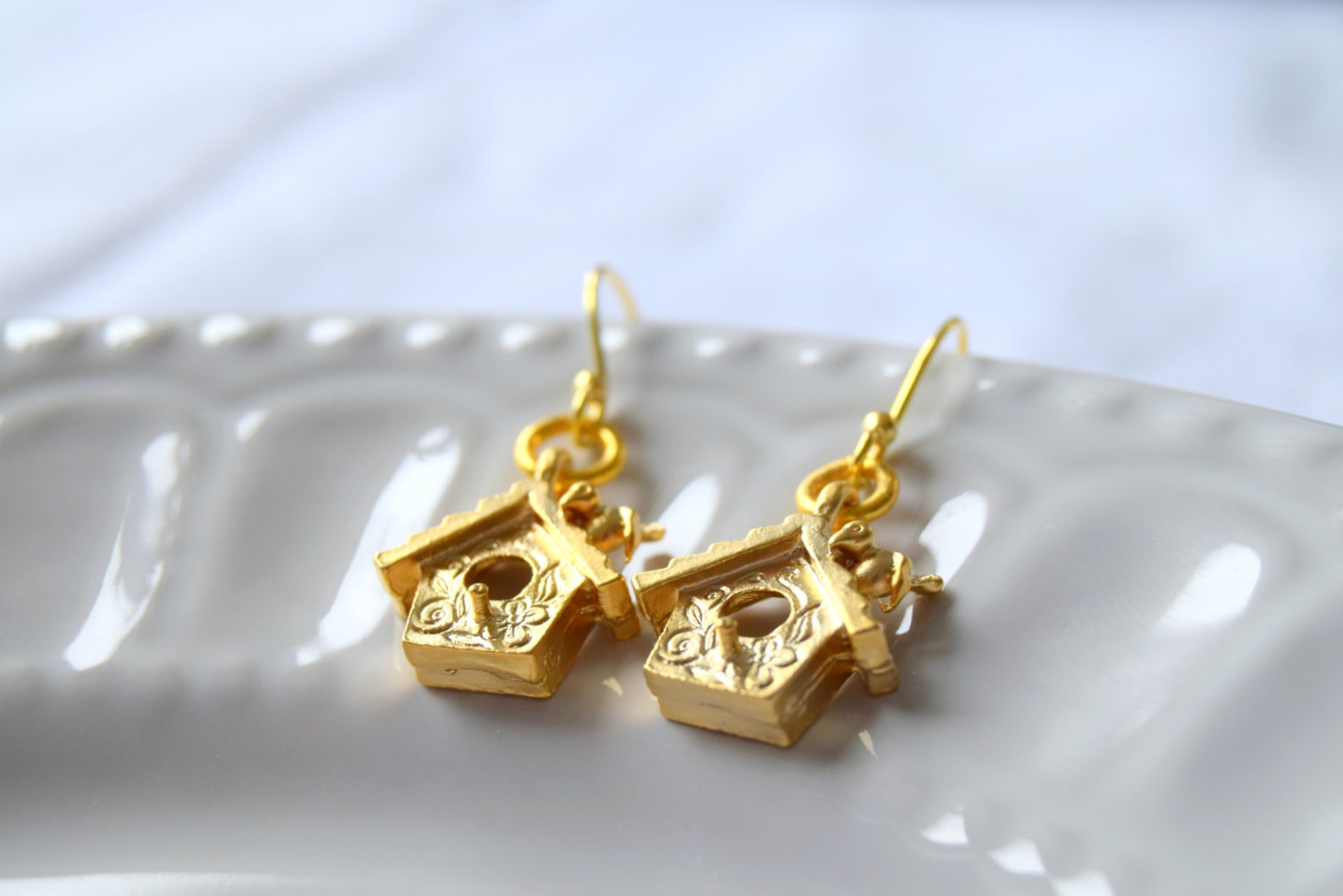 Bird House Earrings, Gold Charm Earrings, Gold Earrings, Gold Bird