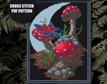 Mushroom Moth -- 81x110 PDF cross stitch pattern -- witchy and spooky patterns by TamPaintsCrossStitch