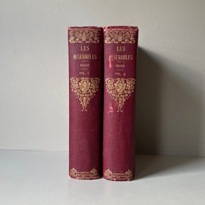 Vintage Les Misérables Victor Hugo Volume I and II // Jean Valjean Hardcover Red Gold  Copyright Book in Very Good Condition Cover