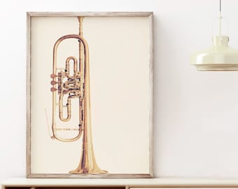 Trompeta, descarga digital, arte mural de trompeta, impresión musical, fotografía de trompeta, trompeta vintage, decoración de pared de jazz, regalo para músico