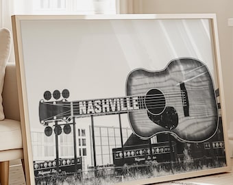 Nashville Print, Guitar Wall Art Nashville Printable Country Music Decor Nashville Sign Retro Tennessee Art Apartment Poster Black and White