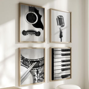 Music Print Set of 4, Printable Music Art, Black and White Photography, Microphone Print, Gift for Musician, Guitar Wall Art, Drum Decor