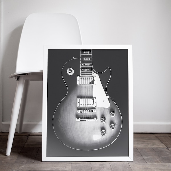 Electric Guitar Print, Les Paul, Printable Music Art, Black and White Photography, Gift for Musician, Vintage Guitar Poster, Music Decor