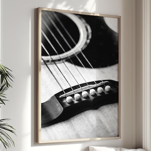 Music Wall Art, Guitar Print Vintage Black and White Photography Printable Music Acoustic Guitar Musician Decor Minimalist Apartment Trendy