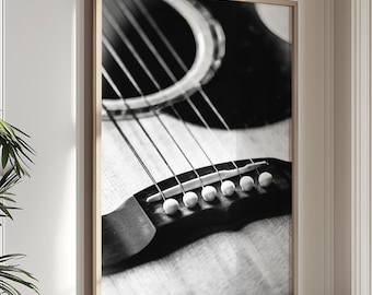 Music Wall Art, Guitar Print Vintage Black and White Photography Printable Music Acoustic Guitar Musician Decor Minimalist Apartment Trendy