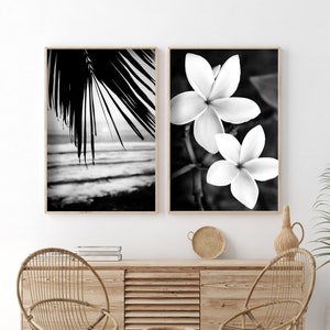 Hawaii Wall Art, Digital Download - Print Yourself, Set of 2 Beach Prints, Black and White Coastal Print Set, Plumeria Flower, Hawaii Sunset