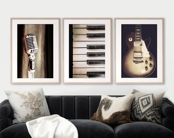 Music Prints | Set of 3, Printable Music Art, Music Photography, Microphone Print, Gift for Musician, Guitar Wall Art, Piano Print, Poster