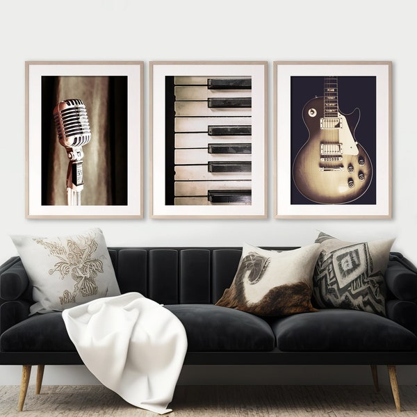 Music Prints | Set of 3, Printable Music Art, Music Photography, Microphone Print, Gift for Musician, Guitar Wall Art, Piano Print, Poster