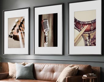 Music Wall Art, Set of 3 Music Prints - Print Yourself, Guitar, Microphone, Drums, Music Decor, Gift for Musician, Kids Room | Printable
