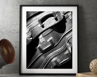 Guitar Case Print, Digital Download, Black and White Music Photography, Printable Music Art, Gift for Guitarist, Vintage Guitar Case
