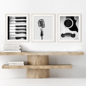 Music Print Set of 3, Printable Music Art, Black and White Photography, Microphone Print, Gift for Musician, Guitar Wall Art, Piano Decor