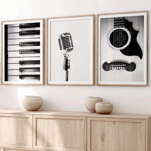 Music Print Set of 3, Printable Music Art, Black and White Photography, Microphone Print, Gift for Musician, Guitar Wall Art, Piano Decor