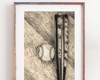Baseball Print, Digital Download, Printable Baseball and Bat Poster, Vintage Photography, Sports Art, Boys Room Decor, Man Cave Print