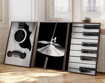 Music Print Set of 3, Printable Music Artwork - Piano, Guitar, Drums | Music Wall Art, Black and White Photography, Gift for Musician