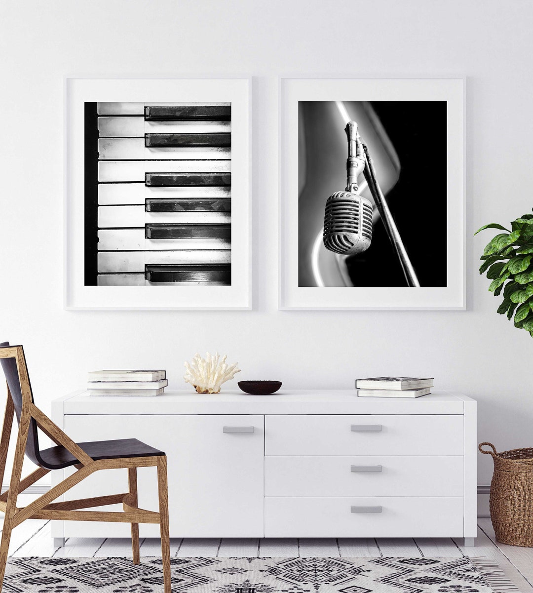 Music Print Set of 2, Printable Music Art, Piano and Vintage Microphone Digitals, Black and ...