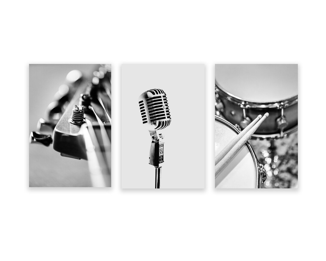 Music Art, Set of 3 Music Prints, Black and White Photography, Guitar