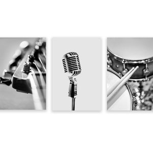 Music Art, Set of 3 Music Prints, Black and White Photography, Guitar, Microphone, Drums, Music Wall Decor, Gift for Musician, Kids Room