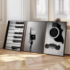 Music Print Set of 3, Printable Music Art, Black and White Photography, Microphone Print, Gift for Musician, Guitar Wall Art, Piano Decor