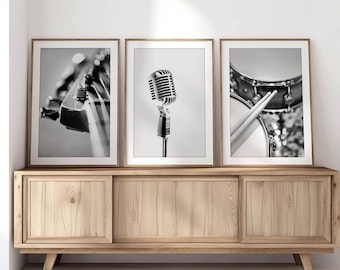 Art musical, lot de 3 gravures musicales, photographies en noir et blanc, guitare, microphone, batterie, décoration murale musique, cadeau pour musicien, chambre d'enfants