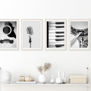 Music Print Set of 4, Printable Music Art, Black and White Photography, Microphone Print, Gift for Musician, Guitar Wall Art, Drum Decor