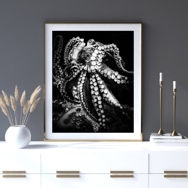 Octopus Printable, Modern Octopus Wall Art, Animal Nursery Art, Black and White Photography, Animal Poster, Octopus Ocean Print