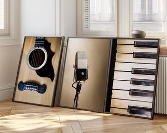 Puede incluir: Tres impresiones enmarcadas de instrumentos musicales. La primera impresión muestra un primer plano de una guitarra acústica. La segunda impresión muestra un micrófono vintage. La tercera impresión muestra un primer plano de un teclado de piano.