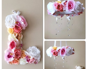 SALE, Baby mobile and matching 15"/38 cm flower letter with 10% discount, Floral mobile, Floral letter, Nursery decors, Nursery matching dec