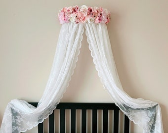 Bed Crown canopy with flowers, Princess bed Canopy, Wall mounted bed crown with canopy, Lace wall crown, Princess crown room decor, Arc bed