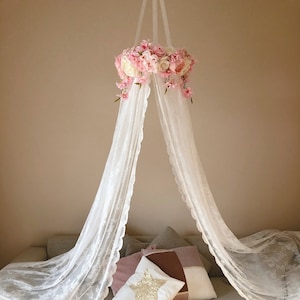 Canopy Girls room, Lace Baby nursery mobile, Lace Canopy bed, Canopy for nursery, Flower canopy, Cot canopy, Flower mobile, Peach fuzz decor
