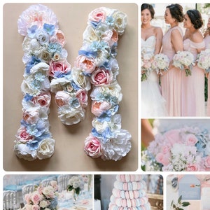 Decoración de boda independiente en tonos azules y rosados, letras de flores grandes, decoración floral para mesa de postres, decoración para despedida de soltera, decoración de boda personalizada