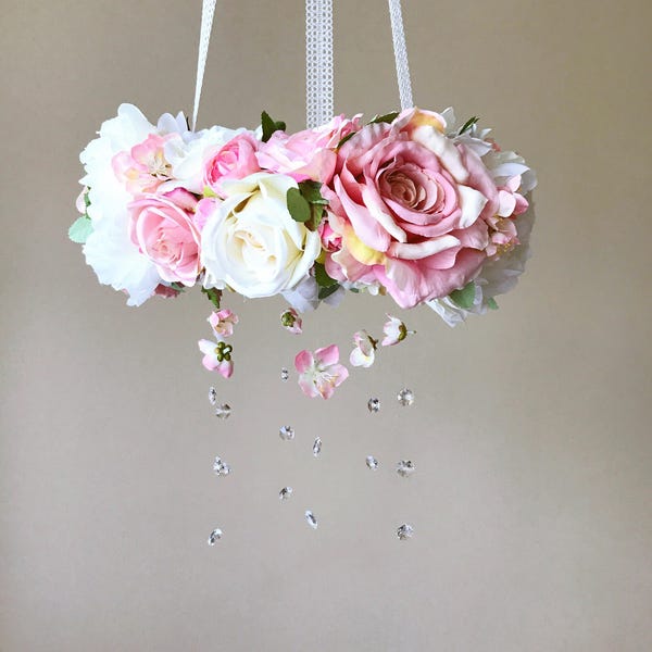 Flower mobile with genuine Swarovski crystals, Flower mobile, Baby mobile / Crib mobile, Vintage inspired, Wedding chandelier