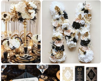 Great Gatsby Art Deco themed wedding decor, Flower Letters Large, Personalized art, New year party decor, Black and gold, Wedding letters