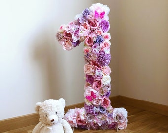 Lettre florale grande, 15''/19''/24", numéro floral, chambre de bébé lettres fleurs, accessoire photo 1er anniversaire, cadeau enfant, composition florale