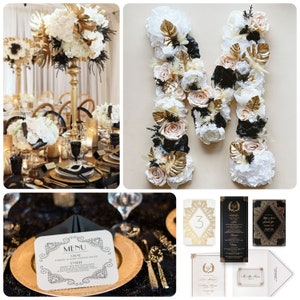 Decoração de casamento com tema Art Déco do Grande Gatsby com letras de flores Grande decoração personalizada para festa de ano novo Carta de casamento preta e dourada