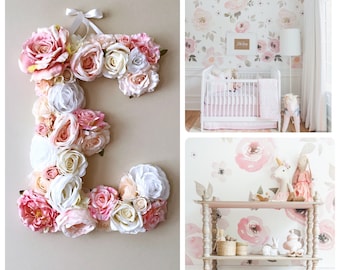 Nursery wall decor flower letter, blush nursery, Floral Letters for kids, Pastel pink room decor, Bella wallpaper for room, Baby nursery