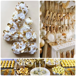 Decoración de fiesta en blanco y dorado con flores y números grandes, accesorio fotográfico independiente para fiesta de primer cumpleaños, decoración de mesa de postres para baby shower