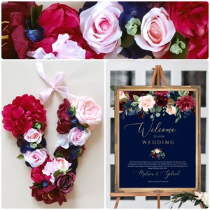 Letras de flores grandes, azul marino y burdeos, letras florales para boda, decoración de boda, decoración de pared personalizada para habitación de bebé, azul marino y burdeos, decoración de boda