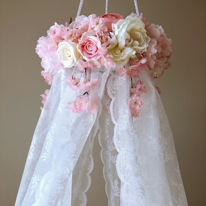 Canopy for Girls room Lace Baby nursery mobile 40-45 cm / 16-18 in diameter Canopy bed Tulle Canopy with flowers Cot decoration canopy pink